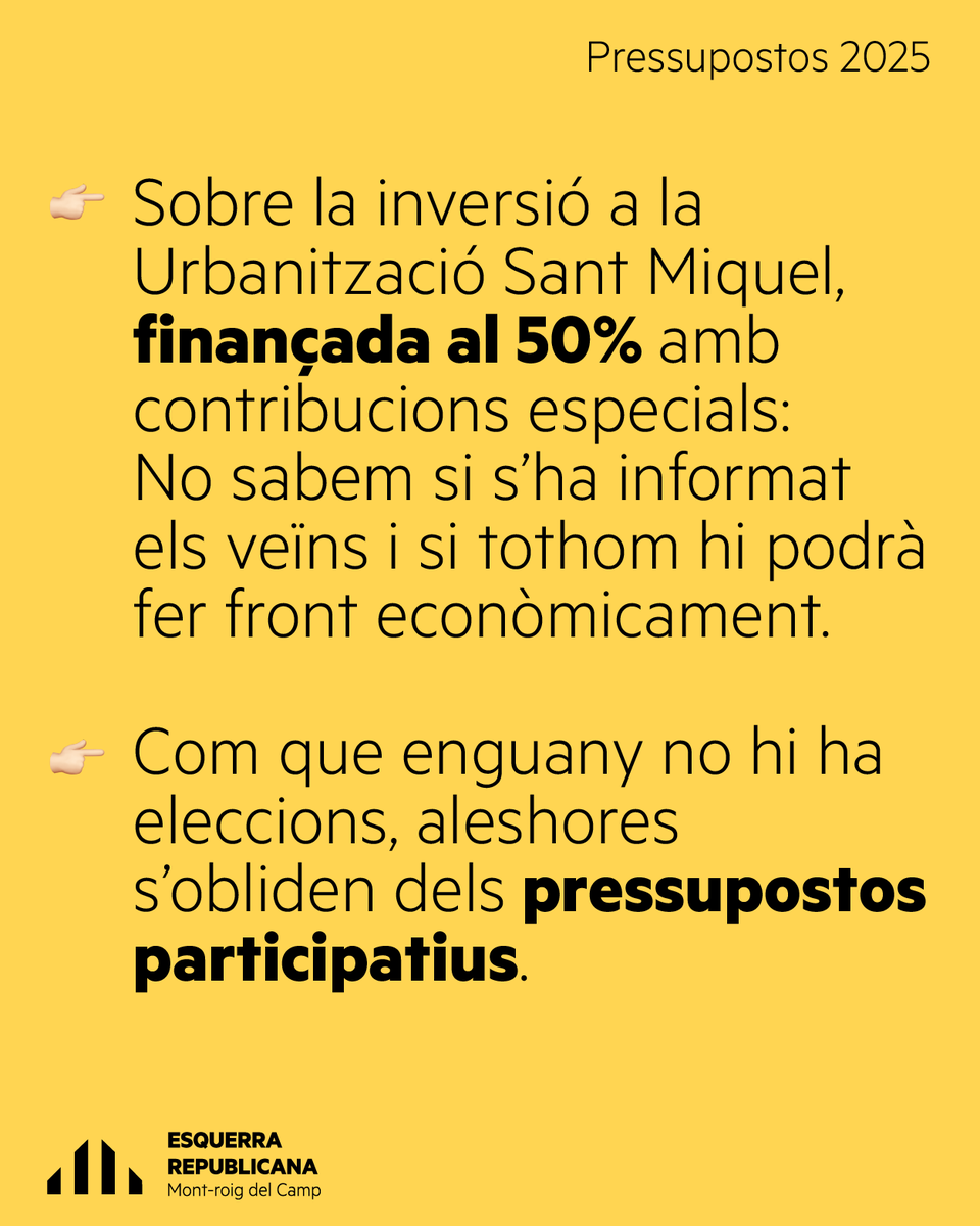 ercmontroigcamp's tweet photo. #PleExtraordinari #Pressupostos 2025 | Us ho expliquem tot 👀

👉 Per què votem en contra dels pressupostos 2025?

📢 Assistim al Ple extraordinari, donem la cara i votem en contra d’uns pressupostos que no ajuden a millorar la vida de la gent.

#ERC #Esquerra #EsquerraMontroig https://t.co/iyHoZ1904Y