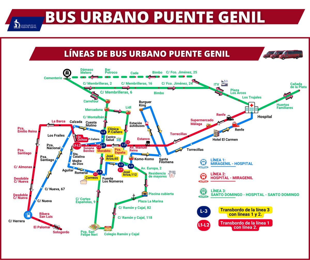 Te mostramos la nueva imagen de las marquesinas del bus urbano de #PuenteGenil con los planos y recorridos renovados.
Identificamos cada línea con un color, lo cual facilita la comprensión y lectura de estos recursos. 🟦🟥🟩

Puedes acceder a ellos en bit.ly/TransportePubl…