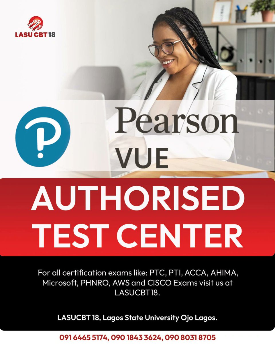 lasucbt18's tweet photo. Are you looking for a way to advance your career?

Do you want to gain a prestigious qualification that can open new opportunities and challenges for you?

If so, then you should register for the PTC, PTI, AHIMA and PEARSON VUE exams today at https://t.co/EOCtMr3GyW