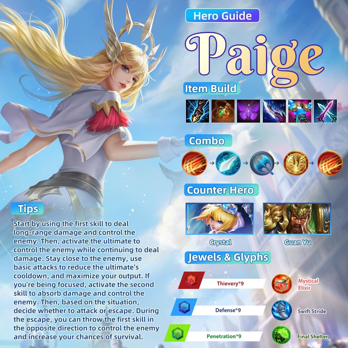 HeroesEvolved's tweet image. Paige is a warrior-type hero with powerful teamfight burst and AOE control. In Season 33, Paige received a rework. Let’s take a look at how to quickly master this hero! #HeroesEvolved #MOBA #HeroGuide #paige