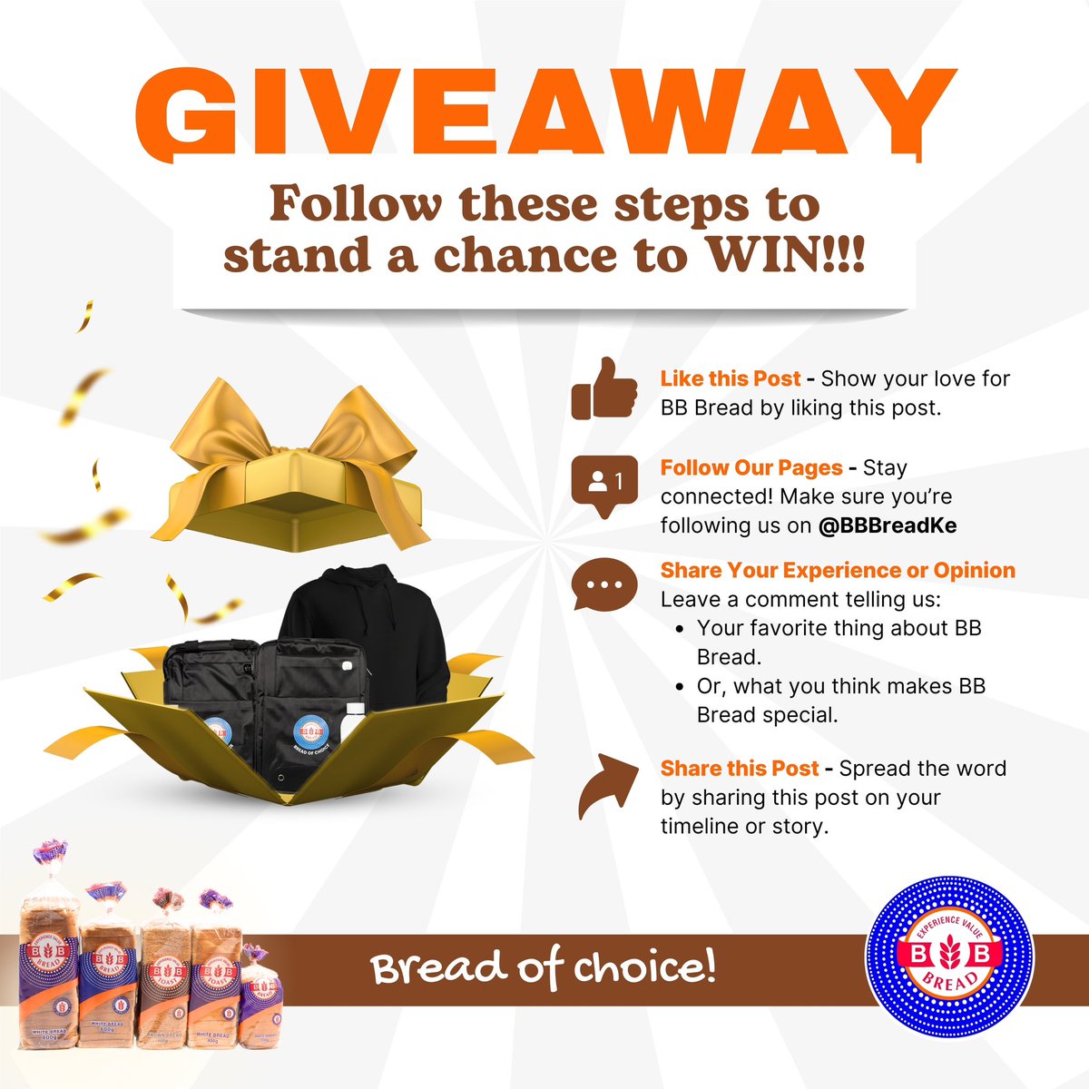 BBbreadKe's tweet photo. 🚨 BB Bread Giveaway! 🚨
Win exclusive BB Bread merch in 4 easy steps:
1️⃣ Like this post.
2️⃣ Follow @BBBread.
3️⃣ Share your BB Bread experience or opinion in the comments.
4️⃣ Retweet this post to spread the word!

#BBBread #Giveaway #WinBig https://t.co/3HILiIkBCK