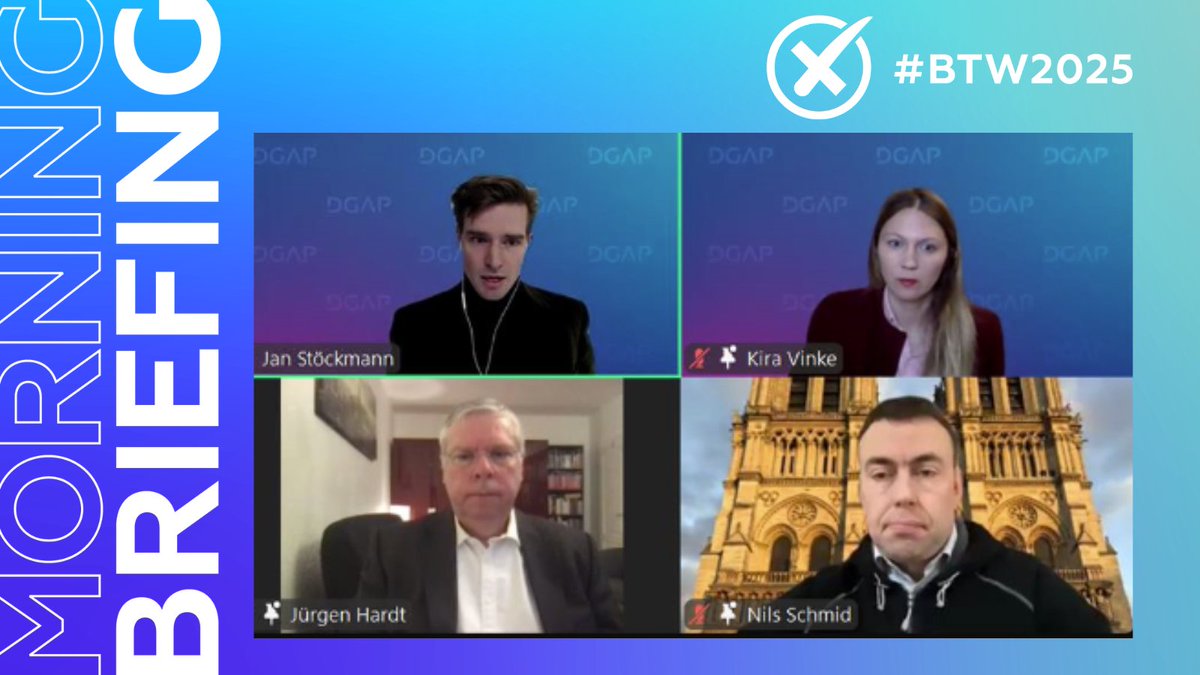 Vor welchen außenpolitischen Herausforderungen steht 🇩🇪 &amp; welche Antworten haben die Parteien darauf? Im heutigen #MorningBriefing diskutieren wir mit den MdBs <a href="/NilsSchmid/">Nils Schmid</a> <a href="/spdbt/">SPD-Fraktion im Bundestag</a> &amp; <a href="/juergenhardt/">Jürgen Hardt MdB</a> <a href="/cducsubt/">CDU·CSU</a> und <a href="/KiraVinke/">Kira Vinke</a> Schwerpunkte, Konflikte &amp; Perspektiven vor der #BTW2025.