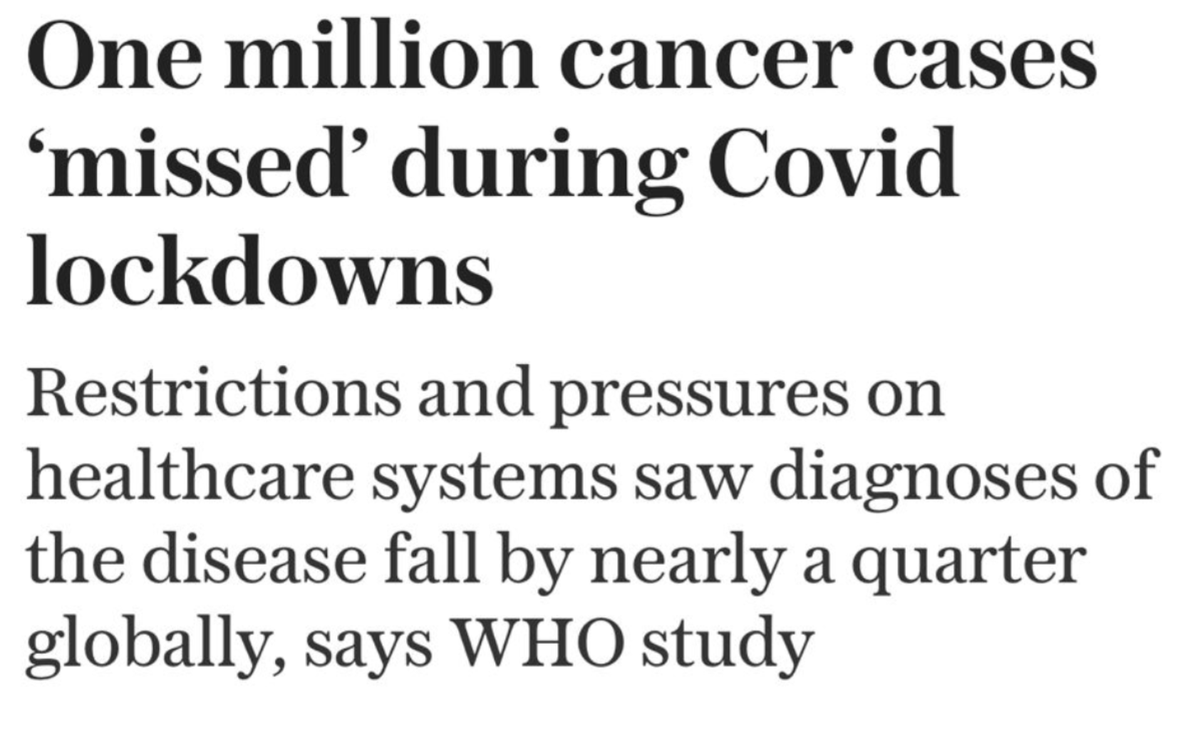 ProfKarolSikora's tweet photo. These delays in cancer diagnosis will take far more life years than the virus itself.

We paid hundreds of billions to shut our economy down, and it has caused FAR more harm than good.

Self-destruction on a gargantuan scale. https://t.co/JQSw0hsgq2