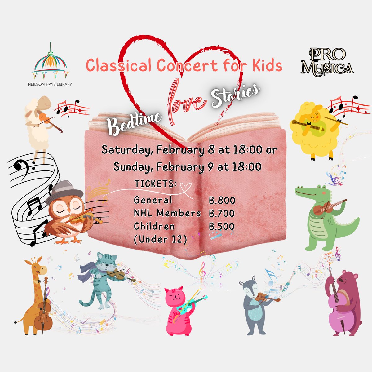 Classical Concert for Kids: Bedtime LOVE Stories
18:00
Sat, Feb 8 or Sun 9
Program BY Pro Musica
- ELGAR Salut d’amour
- KREISLER Liebesleid
- BACH/GOUNOD Ave Maria
- SCHUMANN Träumerei
- BRAHMS Lullaby

Tickets 800B, 700B, or 500B
Tickets online: bit.ly/ClassicalConce…