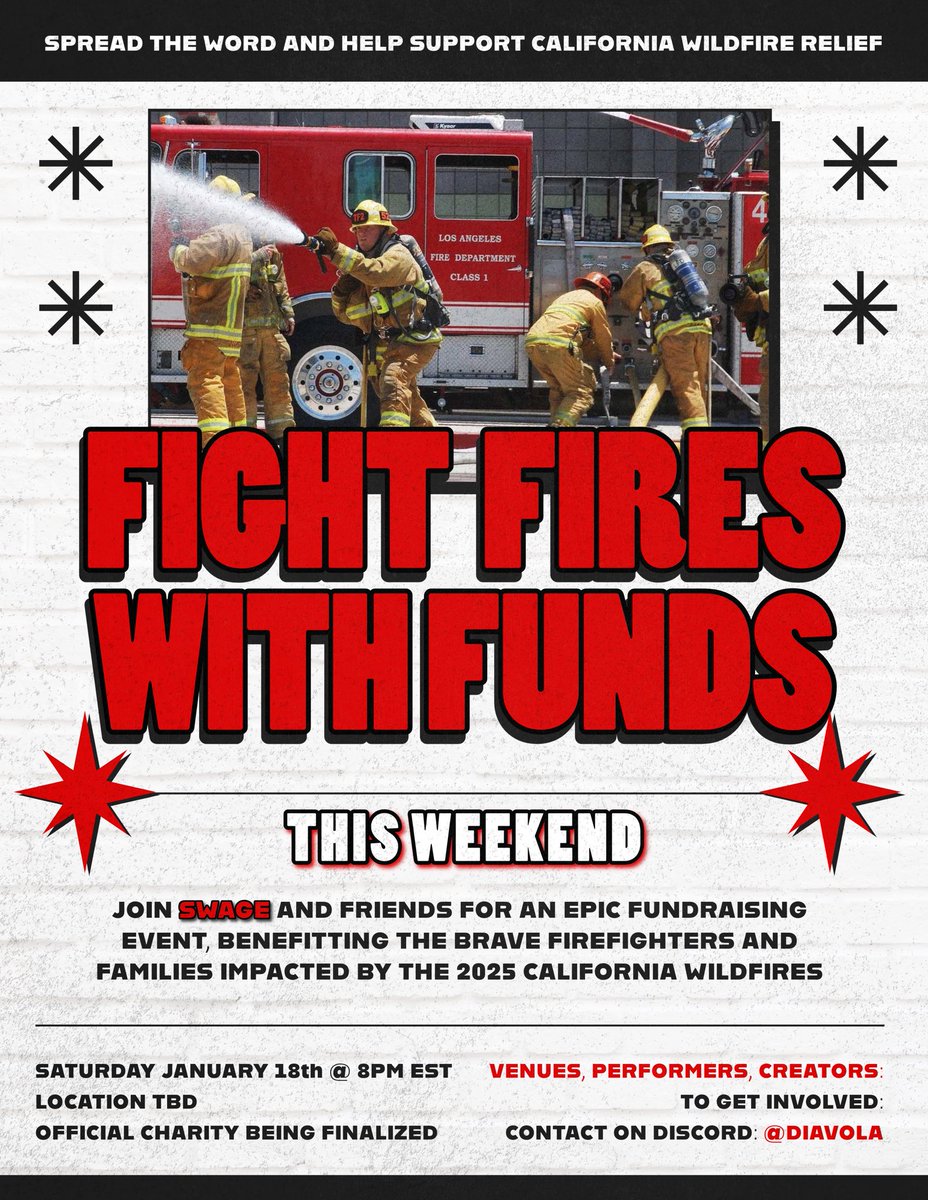 AemiliaSatella's tweet photo. This weekend, @SWAGEsound is hosting a fundraiser benefitting his hometown, neighbors and the firefighters impacted by the California wildfires.

If you are a venue or creator interested in helping support and promote the event, please reach out to me on Discord ASAP. (@ Diavola) https://t.co/x5tgsnIzFQ