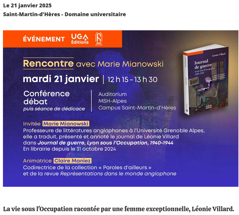 📷Rencontre avec Marie Mianowski : découverte d'un journal de guerre d’une grande valeur historique📷
📆21 janvier
🧭MSH-ALPES - Amphithéâtre Andrée Michel
⏰12h15 - 13h15
📷Plus d’informations : bit.ly/4fZ9eGD