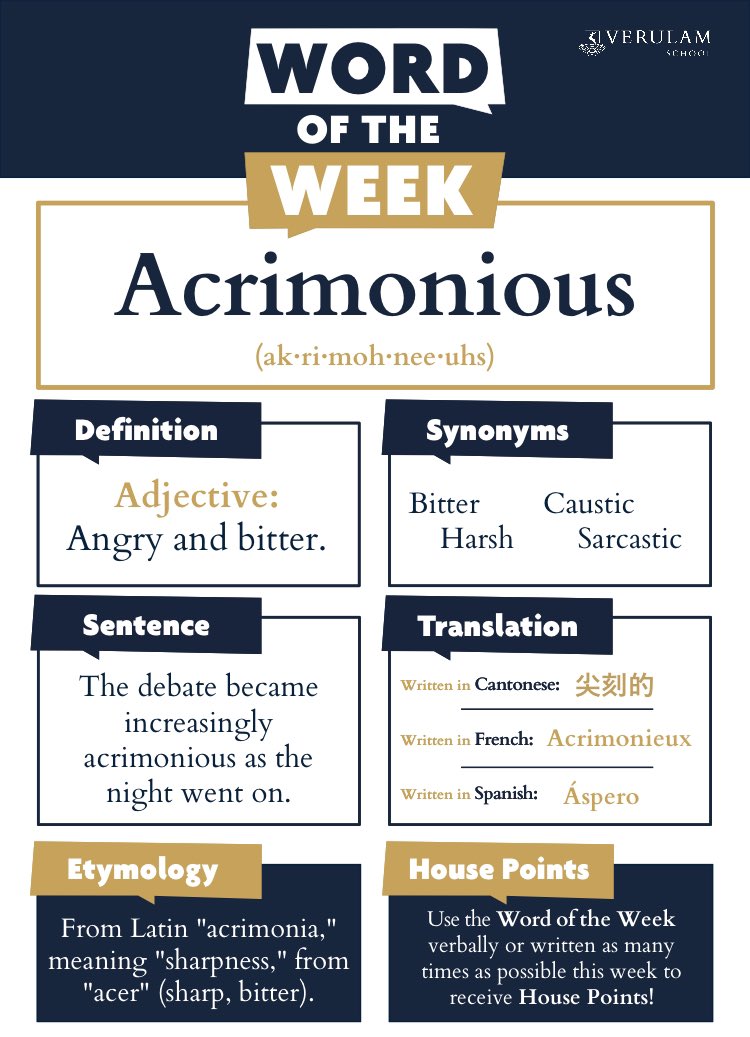 The debate became increasingly
acrimonious as the night went on. The Word of the Week at <a href="/verulamschool/">Verulam School</a> wb 13th Jan = acrimonious. #wordoftheweek #WOTW #literacy