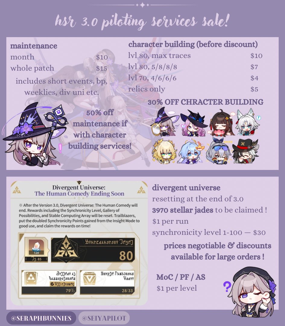 yue 𐙚 genshin hsr wuwa pilot (@seraphbunnies) on Twitter photo hsr 3.0 piloting services sale !
collab with <a href="/seiyapilot/">seiya | pilot services 📌</a> 🌷
too busy to do the new amphoreus content & events ? i'm here to help ! discounts available for building featured characters~
prices negotiable, dm me or seiya to avail ! ♡
#hsr #hsrpilot #hsrtwt #amphoreus hsr 3.0 piloting services sale !
collab with <a href="/seiyapilot/">seiya | pilot services 📌</a> 🌷
too busy to do the new amphoreus content & events ? i'm here to help ! discounts available for building featured characters~
prices negotiable, dm me or seiya to avail ! ♡
#hsr #hsrpilot #hsrtwt #amphoreus