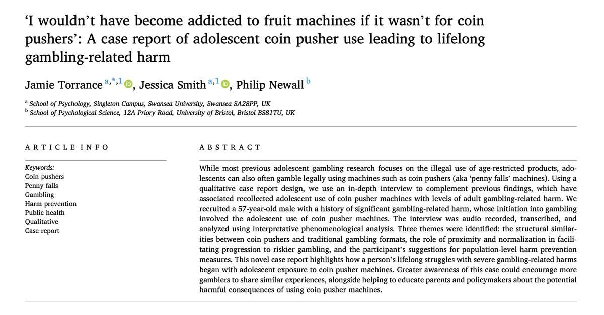 Coin pusher machines are legal and popular among adolescents, despite meeting the classification of gambling. Here we present a case report of an individual who experienced lifelong gambling harm, with adolescent use of coin pushers acting as the catalyst: sciencedirect.com/science/articl…