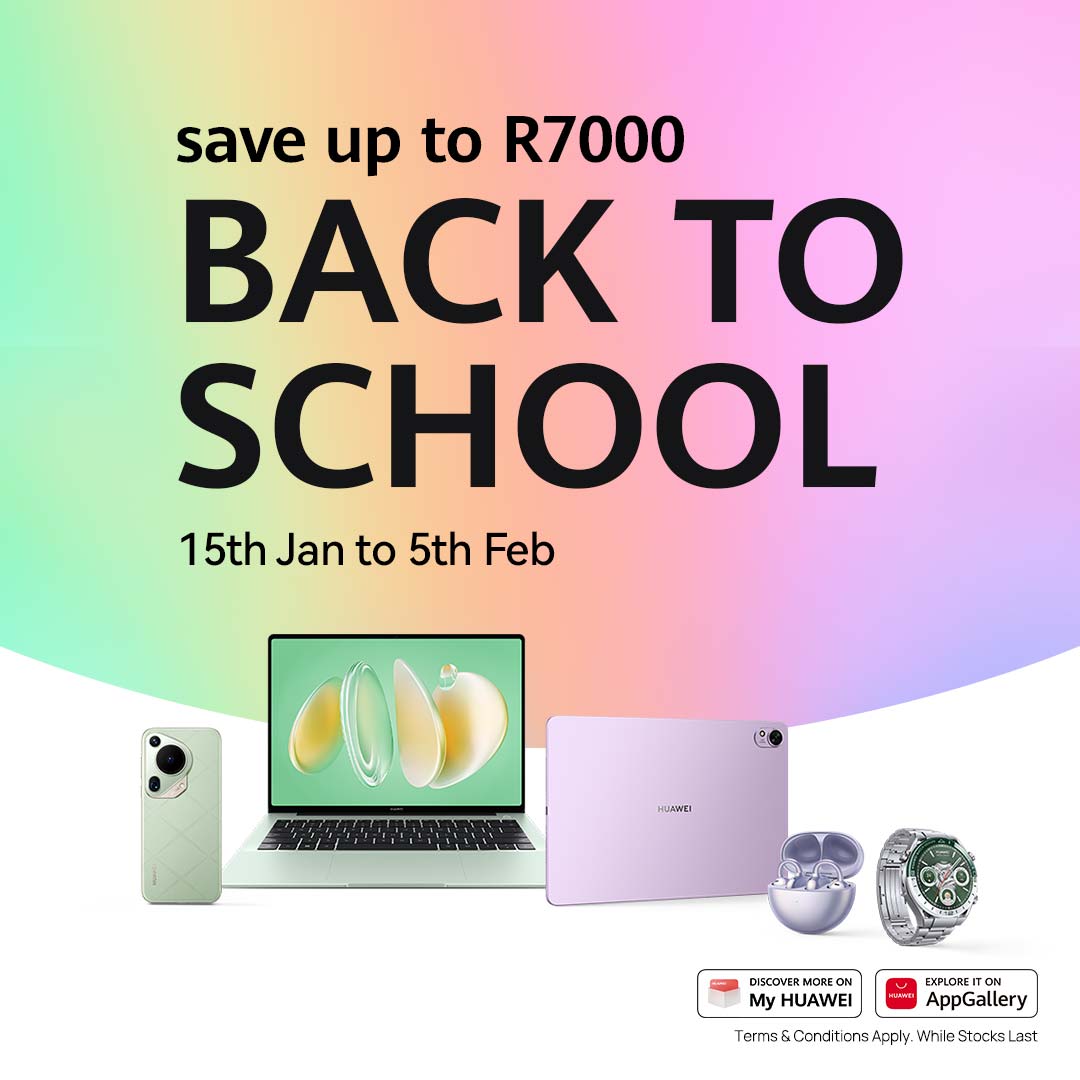 HuaweiZA's tweet photo. Unlock up to R7 000 IN SAVINGS with our special BACK TO SCHOOL  Deals 📚
Gear up for an incredible academic year with mega deals on smartphones, MateBooks, Watches, and MatePads🎉
Seize the moment – offer ends 5th February 2025. Act fast!
Explore Savings: https://t.co/AJirisC1BB https://t.co/iExe9G7Slz