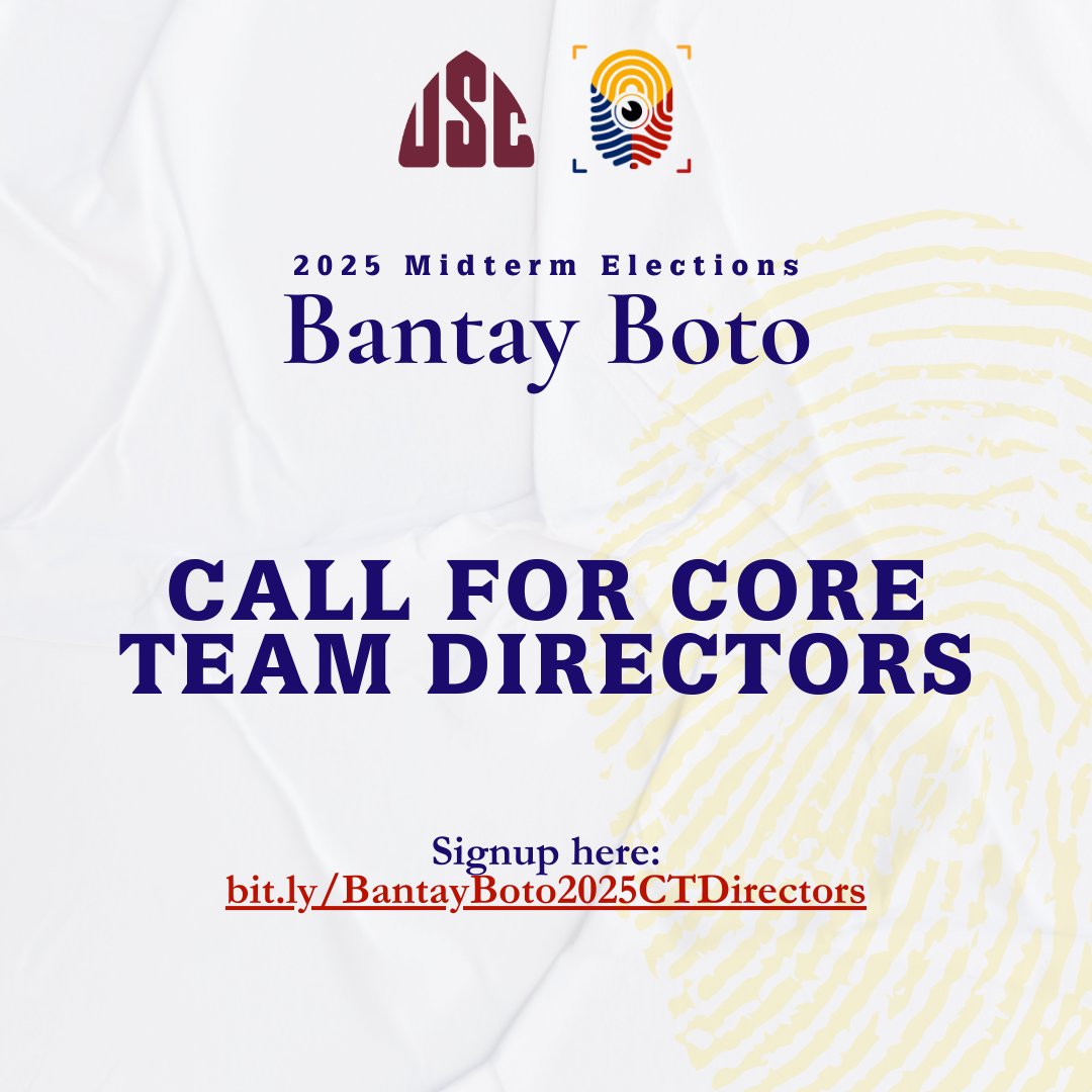 USCUPDiliman's tweet photo. Join us to lead the Bantay Boto 2025's Core Team! 🇵🇭

Bantay Boto is an alliance that aims to develop responsible and informed voting practices among the Filipino citizens through voters' empowerment initiatives.  

Sumali na: 
https://t.co/avdZ4KqoqH https://t.co/l40MM4L2F3