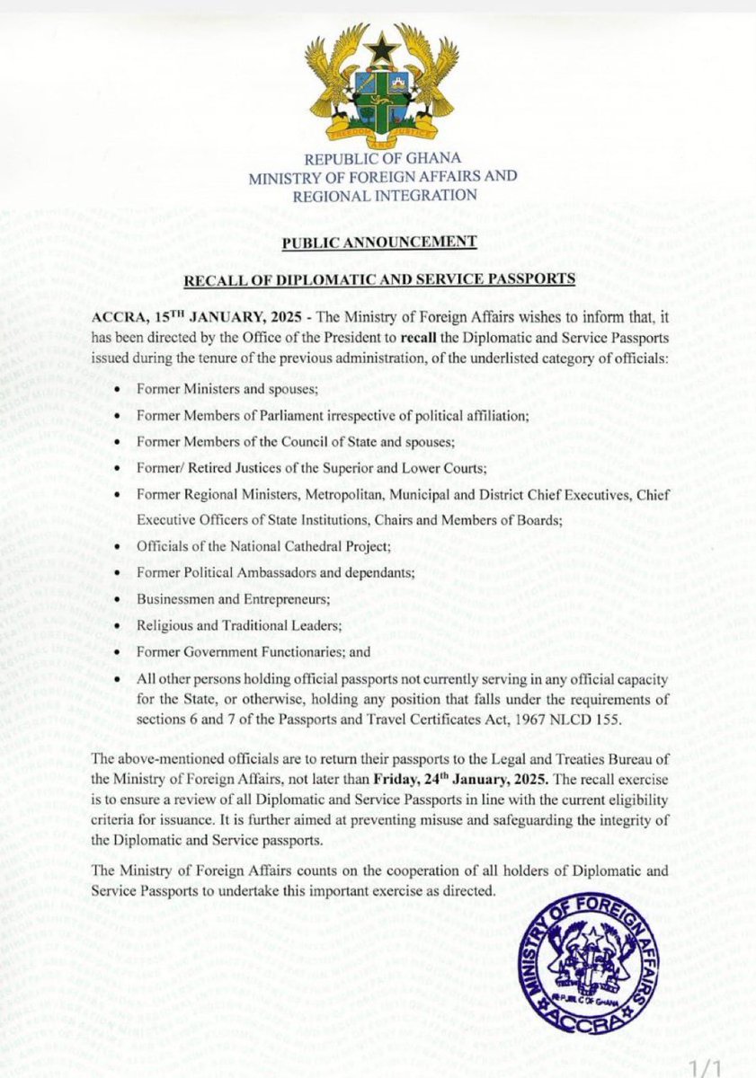 A diplomatic passport is a tool for official work, not a free pass for luxury travel. Reasons President John Mahama and his foreign Affairs Ministry have called for the return of all diplomatic passports. A better Ghana Reset🇬🇭❤️