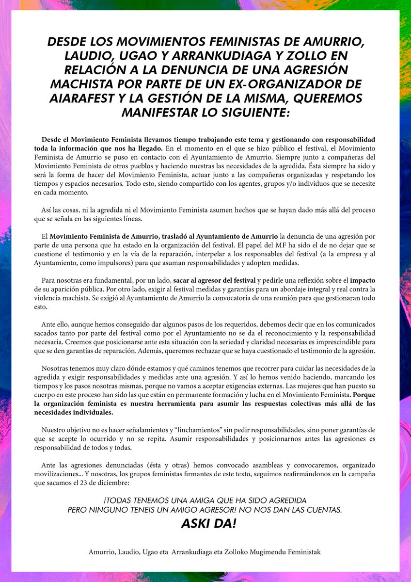Amurrio, Laudio, Ugao eta Arrankudiaga eta Zolloko Mugimendu Feministek honakoa adierazi nahi dugu AiaraFest jaialdiaren antolatzaile ohi baten aurkako eraso matxista baten salaketa eta prozesuaren kudeaketaren inguruan 👇