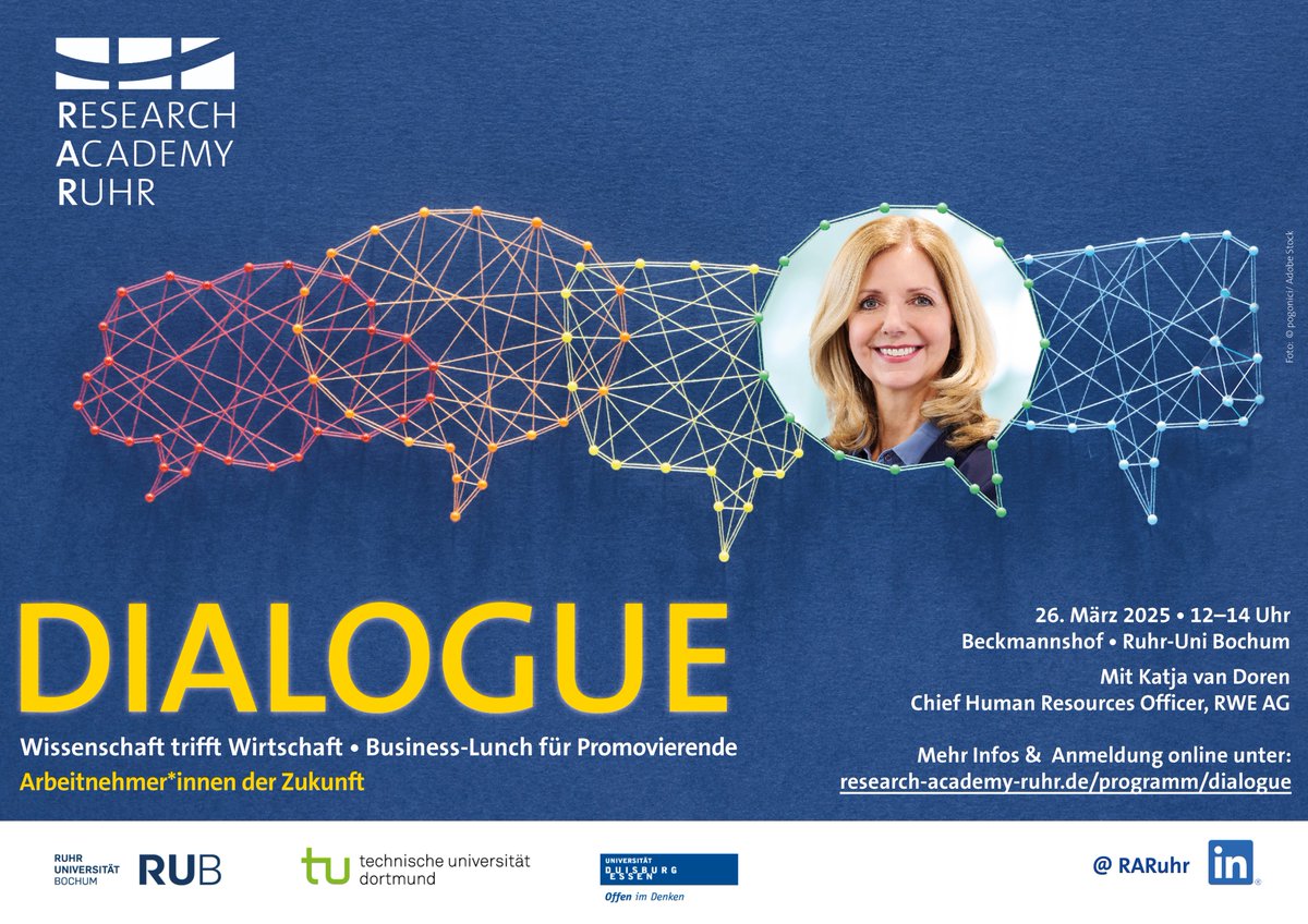 RUB Research School (@researchschool) on Twitter photo Appetit auf Austausch zwischen Wissenschaft & Wirtschaft?🎓⇄💼Gemeinsam mit der @RARuhr laden wir Sie zum Business-Lunch mit Katja van Doren ein, Chief HR Officer <a href="/RWE_AG/">RWE AG</a>. Diskutieren Sie mit ihr über die „Arbeitnehmer*innen der Zukunft“. Zur Anmeldung 👉research-academy-ruhr.de/programm/dialo… Appetit auf Austausch zwischen Wissenschaft & Wirtschaft?🎓⇄💼Gemeinsam mit der @RARuhr laden wir Sie zum Business-Lunch mit Katja van Doren ein, Chief HR Officer <a href="/RWE_AG/">RWE AG</a>. Diskutieren Sie mit ihr über die „Arbeitnehmer*innen der Zukunft“. Zur Anmeldung 👉research-academy-ruhr.de/programm/dialo…