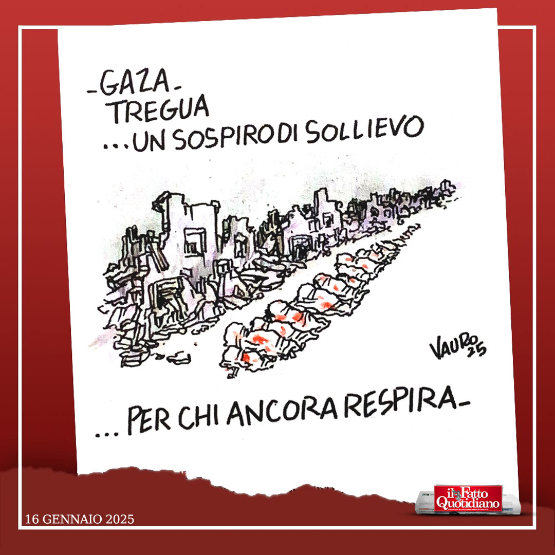 Vauro (@vaurosenesi) on Twitter photo 🔴 La nuova vignetta di Vauro, in edicola con il <a href="/fattoquotidiano/">Il Fatto Quotidiano</a> #16gennaio - Tregua a #Gaza... 🔴 La nuova vignetta di Vauro, in edicola con il <a href="/fattoquotidiano/">Il Fatto Quotidiano</a> #16gennaio - Tregua a #Gaza...