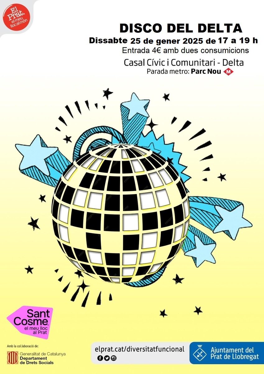 #Ociinclusiu al Baix Llobregat 💯🪩Aquest dissabte #discoinclusiva a Castelldefels de la mà d'<a href="/AdisgaA/">Adisga Asociación</a> i dissabte vinent 25 de Gener primera sessió de l' any a la del CC Delta del Prat gestionada per <a href="/FRubricatus/">Fundació Rubricatus</a> 🎉 <a href="/_dincat/">Dincat</a> <a href="/ajelprat/">Ajuntament del Prat</a> <a href="/AjCastelldefels/">Ajuntament de Castelldefels</a>