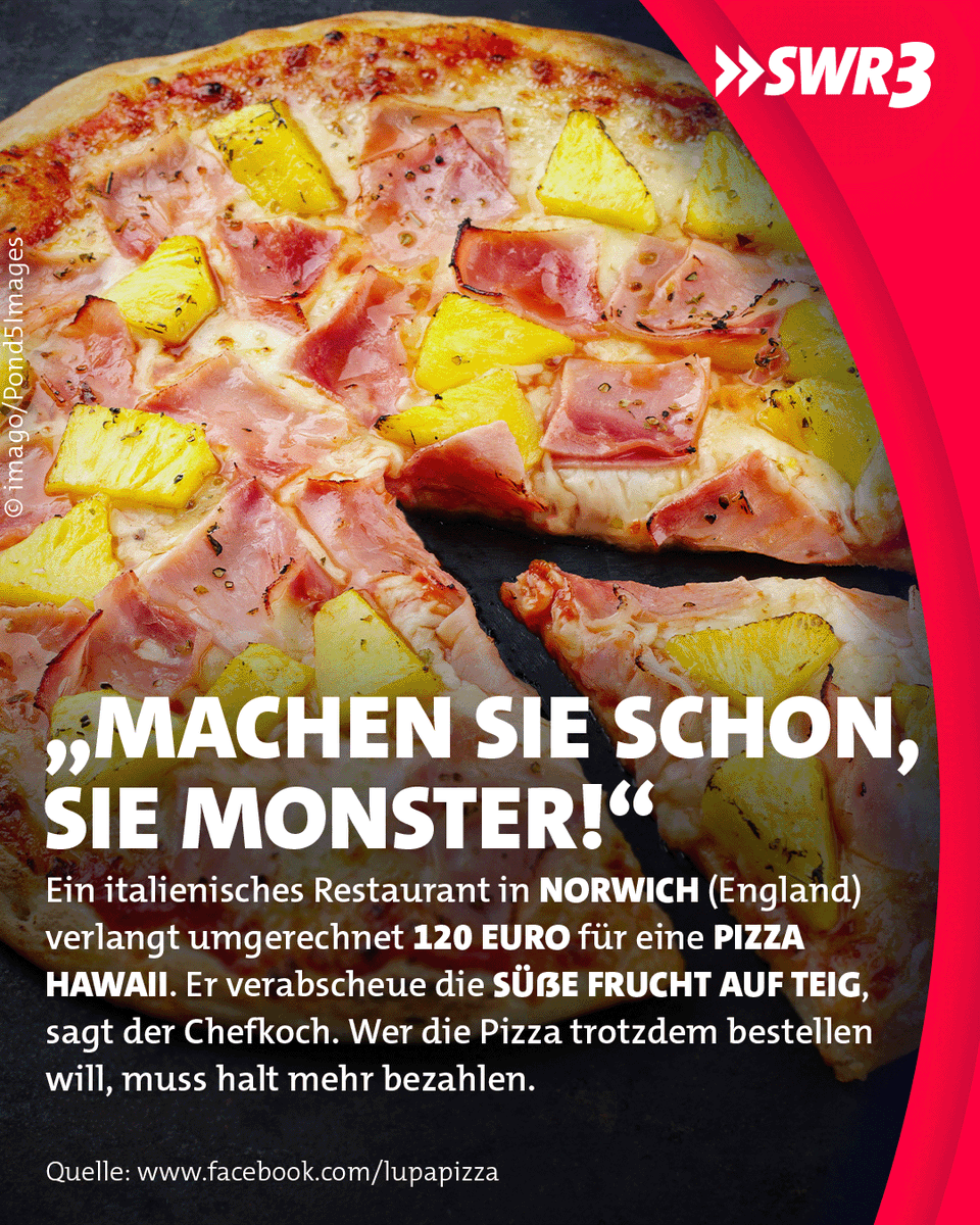 swr3's tweet image. „Ich liebe Pina Colada, aber #Ananas auf Pizza? Niemals. Ich würde lieber eine verdammte Erdbeere darauf tun als diese tropische Plage.“ Das sagt der Miteigentümer von #Pizza Lupa, Francis Woolf. 🍍

Wie steht ihr zu #Pizza Hawaii? Entsetzlich oder geht nicht ohne? Schreibts uns