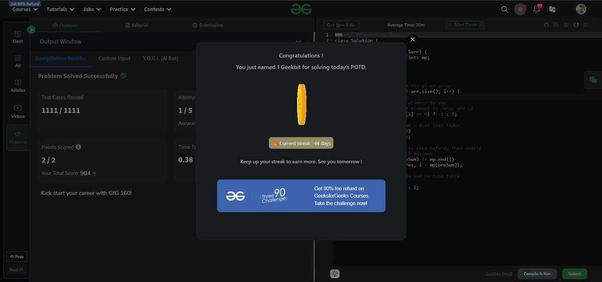 khushalmajoka's tweet image. 🌟 Day 63 of #geekstreak2024!

Problem: Largest Subarray of 0&apos;s and 1&apos;s

Hint: Replace all 0&apos;s with -1&apos;s. Use a hashmap to track prefix sums and their first occurrences. Update the result whenever the prefix sum is repeated.

#gfg160 #Hashing #PrefixSum #DSA