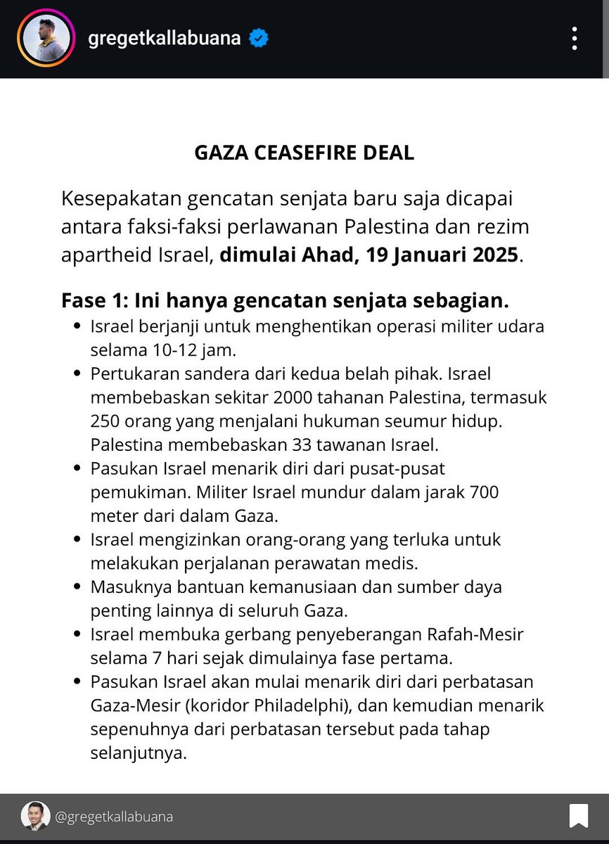 vyramari's tweet photo. @tanyarlfes Btw, BELUM gencatan senjata yaa.. Masih baru hari Minggu nanti dilakukan gencatan senjatanya. Itupun masih fase 1, yaitu gencatan senjata sementara selama 16 hari. Setelah 16 hari, baru ada pembahasan lagi ttg fase ke-2, gencatan senjata permanen. Yang BELUM pasti.
TETAP BOIKOT! https://t.co/aZ3mn38SFf