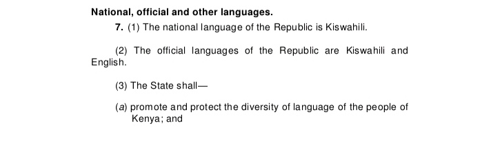 JuaSheria's tweet photo. #JuaSheriaYako
Article 7 &amp; 8 of constitution.
7.National language is Kiswahili Official languages are Kiswahili and English.The State shall promote and protect the diversity of language, promote development of indigenous languages Sign language, Braille etc
8. No state religion https://t.co/MnIwGoRX7P