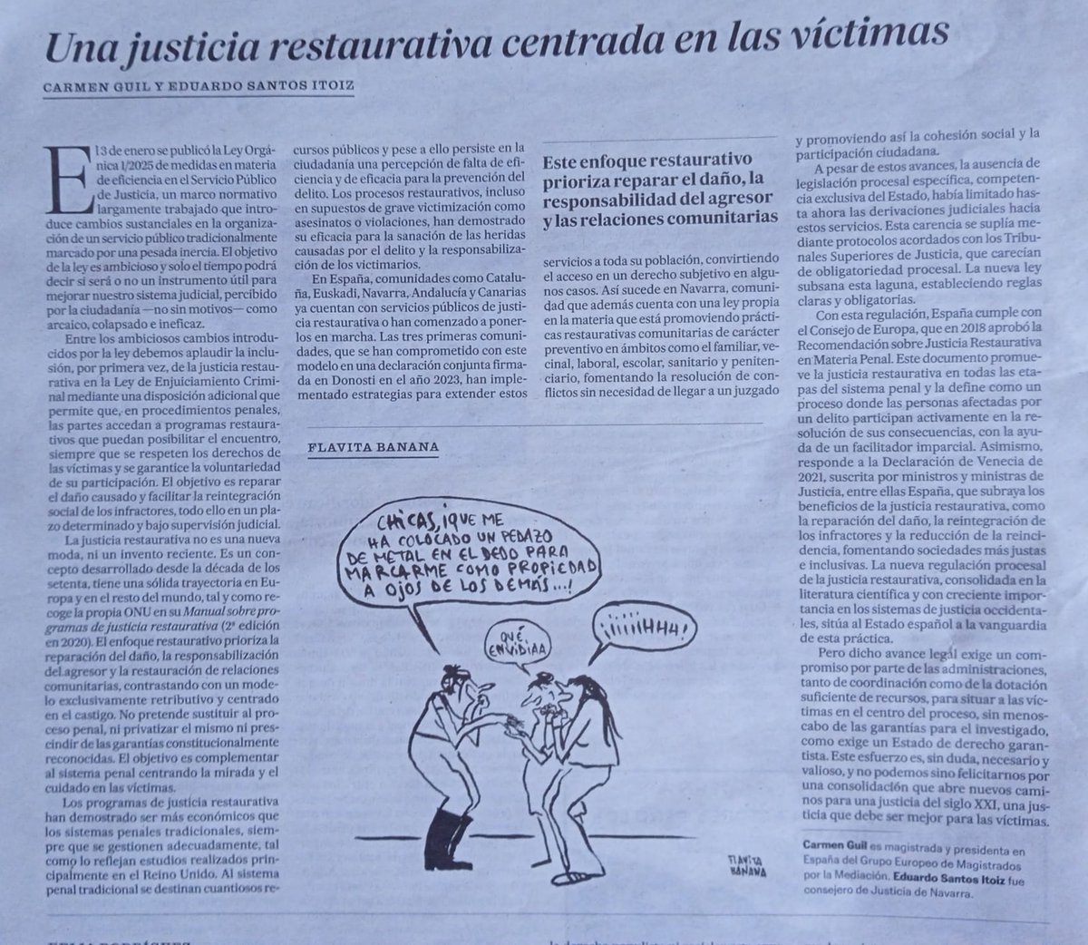 La nova regulació processal obre camí per l'avenç de la justícia restaurativa a l'Estat español. Ara cal compromís institucions i operadors. 
Ho expliquen dos grans del camp: la magistrada Carme Guil i l'exconseller de justicia de Navarra Eduardo Santos
elpais.com/opinion/2025-0…