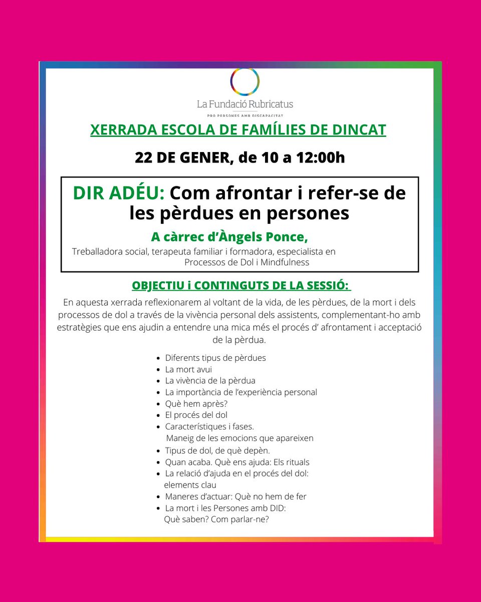 I dimecres vinent nova xerrada per a familiars de persones amb #DID ! 
Gràcies al suport de <a href="/_dincat/">Dincat</a>  
Al CC Sant Jordi Ribera Baixa del Prat.