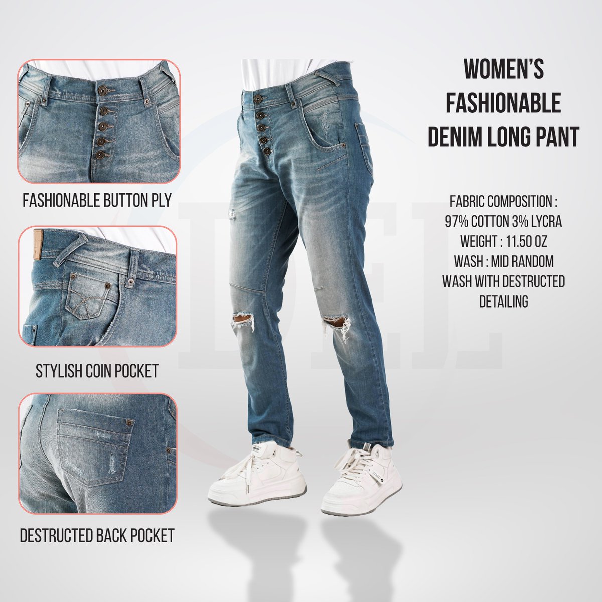 Womens fashionable vintage Denim long pant.
Introducing womens fashionable Denim long pamt. 97% cotton 3% elastane. 11.50 Oz Ring slub Color denim. Mid vintage wash with used look.
#denim #denimexpert #innovation