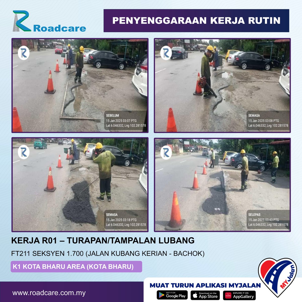 🚧 Kerja Penyenggaraan Rutin R01 - Turapan/Tampalan Lubang 🚧

15 Jan | 👷Kerja R01 di FT211 Seksyen 1.70 di Daerah #Kotabharu disenggarakan oleh #teamroadcare bagi keselamatan &amp; keselesaan pengguna Jalan Persekutuan

@JKRkotabharu
<a href="/BhgJalan_Kelate/">Bhg Jalan JKR Kelantan</a>
<a href="/Roadcare_HQ/">ROADCARE (M) SDN BHD</a>
<a href="/Roadcare_Kelntn/">ROADCARE WILAYAH KELANTAN</a>