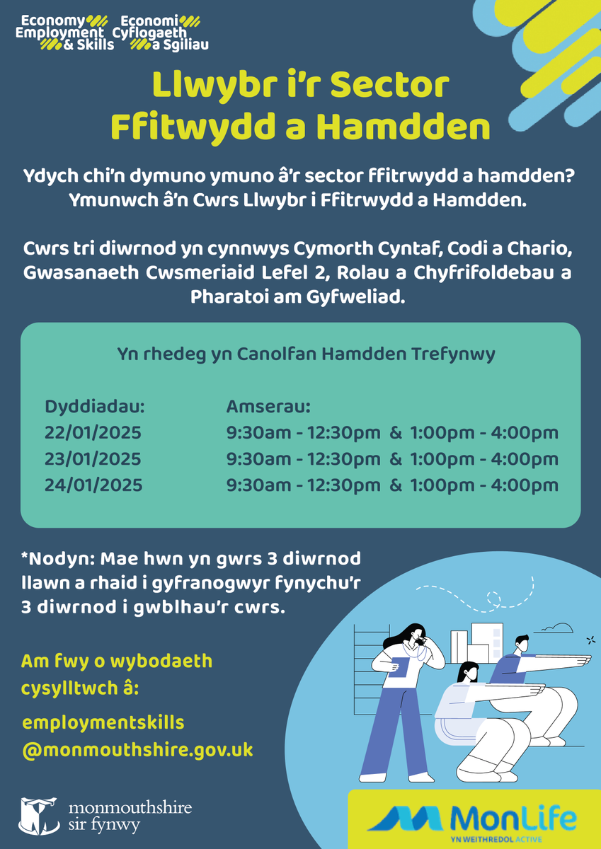 𝗟𝗹𝘄𝘆𝗯𝗿 𝗶'𝗿 𝗦𝗲𝗰𝘁𝗼𝗿 𝗙𝗳𝗶𝘁𝗿𝘄𝘆𝗱𝗱 𝗮 𝗛𝗮𝗺𝗱𝗱𝗲𝗻

Ydych chi'n dymuno ymuno a'r sector ffitrwydd a hamdden?

Ymunwch â'n cwrs Llwybr i Ffitrwydd a Hamdden nawr!

Defnyddiwch ein ffurflen atgyfeirio i fynychu'r cwrs hwn: forms.office.com/r/7SNsHRuEFD