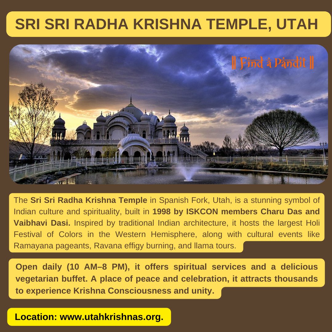 find_a_pandit's tweet photo. 🌸 Discover the Sri Sri Radha Krishna Temple 🌸
📍 Location: Spanish Fork, Utah
🌐 Learn more: https://t.co/2PJrYJT4zu
Experience the beauty of Krishna Consciousness and the vibrant celebrations that unite 
hearts ❤️. #RadhaKrishnaTemple #HoliFestival #ISKCON  #TempleVibes https://t.co/fo0Nv1yFln