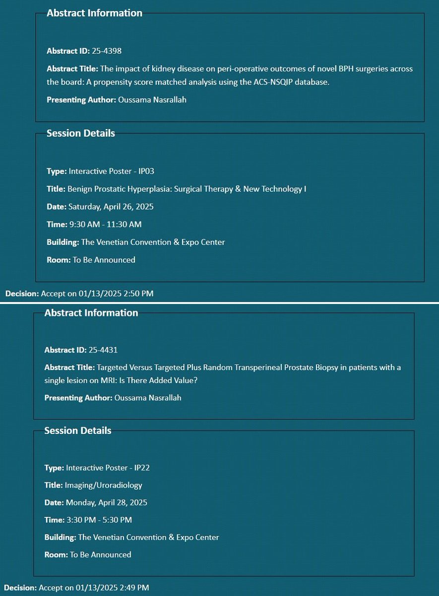 Oussama G. Nasrallah (@o_g_nasrallah) on Twitter photo 📢 ⚠️ Exciting News!
Thrilled to share that 2 abstracts have been accepted for presentation at the American Urological Association (AUA) 2025 Conference in Las Vegas!
Recognition to my mentors <a href="/DrAlbert/">Albert El Hajj, MD</a> El Hajj and Dr. Rami Nasr!
See you in Vegas!
#AUA2025 #Urology #ONRG #AUBMC 📢 ⚠️ Exciting News!
Thrilled to share that 2 abstracts have been accepted for presentation at the American Urological Association (AUA) 2025 Conference in Las Vegas!
Recognition to my mentors <a href="/DrAlbert/">Albert El Hajj, MD</a> El Hajj and Dr. Rami Nasr!
See you in Vegas!
#AUA2025 #Urology #ONRG #AUBMC