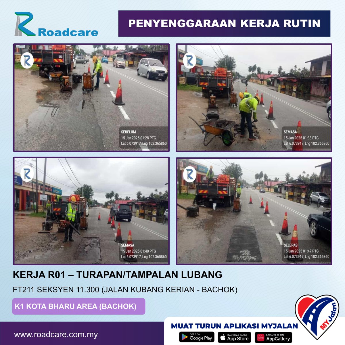 🚧 Kerja Penyenggaraan Rutin R01 - Turapan/Tampalan Lubang 🚧

15 Jan | 👷Kerja R01 di FT211 Sec 11.3 di Daerah #Bachok disenggarakan oleh #teamroadcare bagi keselamatan &amp; keselesaan pengguna Jalan Persekutuan.

@JKRbachok
<a href="/JKRKelantan/">ᴊᴋʀ ɴᴇɢᴇʀɪ ᴋᴇʟᴀɴᴛᴀɴ</a>
<a href="/BhgJalan_Kelate/">Bhg Jalan JKR Kelantan</a>
<a href="/Roadcare_Kelntn/">ROADCARE WILAYAH KELANTAN</a>
<a href="/ZTTCSFJ/">ZTT CSFJ</a>