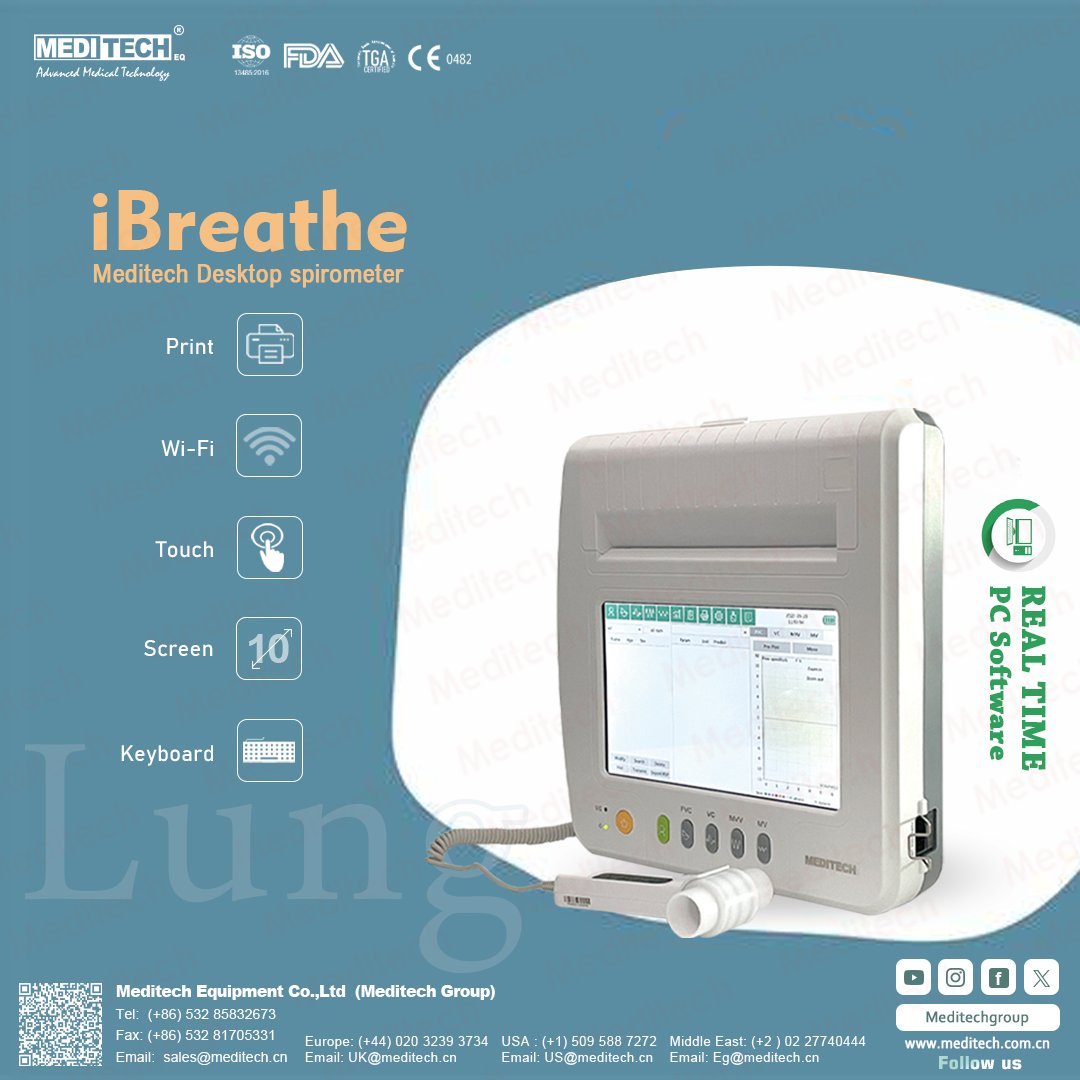 MeditechVet's tweet image. iBREATHE
The iBreathe spirometer is a portable device for checking lung function.
-It uses the principle of differential pressure measurement to measure over 100 parameters related to FVC, VC, MVV, and MV functions.

#pulomary
#spirometer
#spirometer
#meditech
#medicalequipment