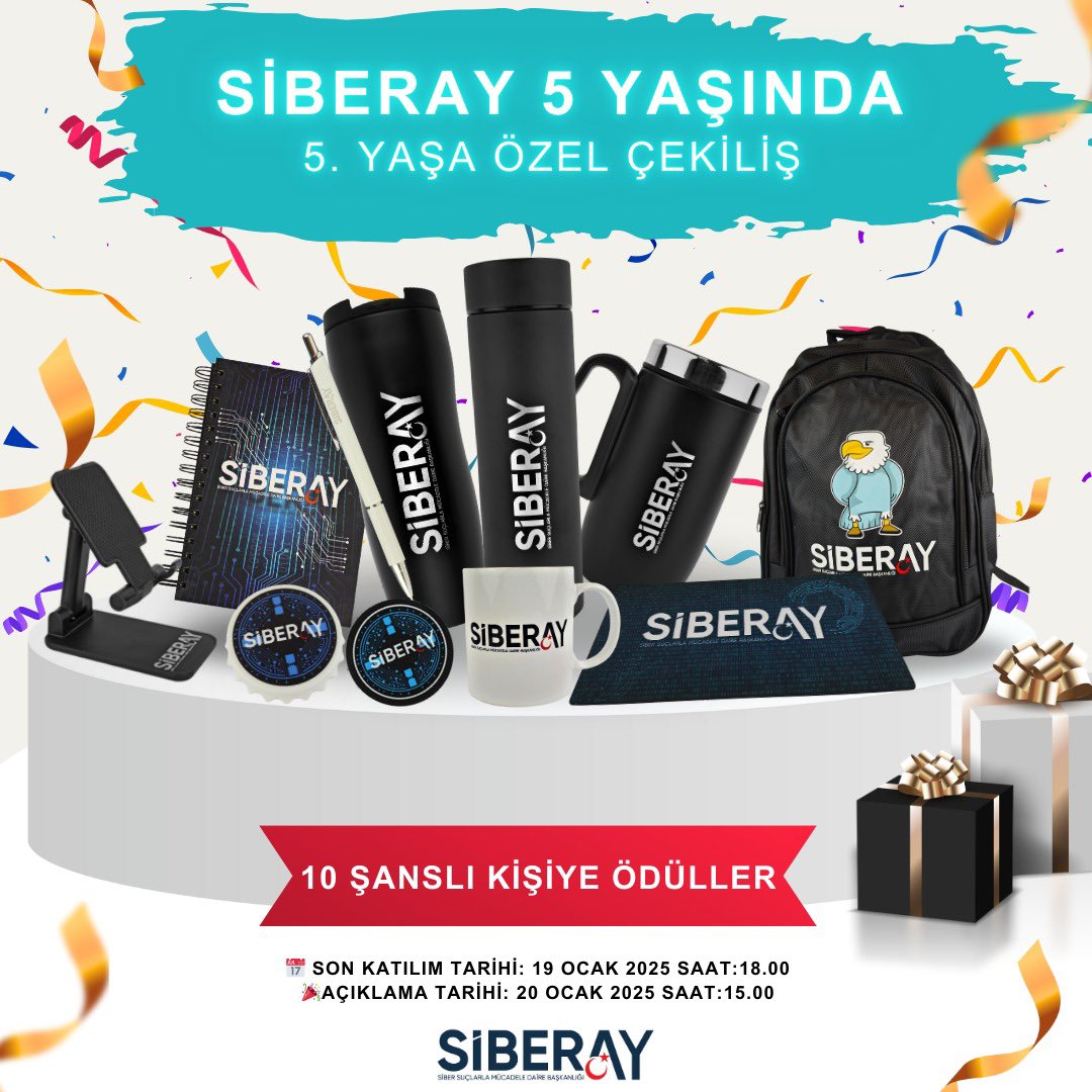 🎉 SİBERAY 5️⃣ YAŞINDA❗ 🎉

🎁5️⃣. yaşımıza özel çekilişle şanslı 1️⃣0️⃣ kişiye ödüller❗
️
👉 Tek yorumda 3 arkadaşını etiketle, 
👉<a href="/SiberayEGM/">Siberay</a> hesabını takip et.

✅Katılım şartlarını yerine getiren 1️⃣0️⃣şanslı kişiye;

🎁Telefon Tutacağı, Ajanda, Magnetli Açacak, Peç, Uçlu Kalem,