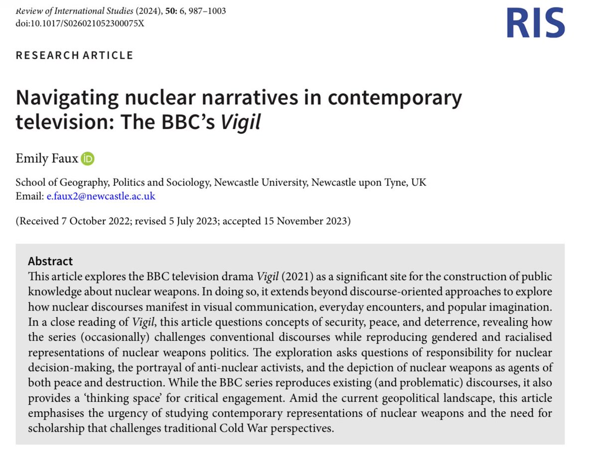 Roland Bleiker (@rbleiker) on Twitter photo How popular culture shapes public knowledge of nuclear weapons. New article in <a href="/RISjnl/">RIS</a> by <a href="/EmilyFaux3/">Emily Faux</a>, who will soon visit us at <a href="/VisualPolUQ/">Visual Politics UQ</a> / <a href="/POLSISEngage/">UQ POLSIS</a>. Congratulations, Emily, and looking forward to your stay. cambridge.org/core/journals/… How popular culture shapes public knowledge of nuclear weapons. New article in <a href="/RISjnl/">RIS</a> by <a href="/EmilyFaux3/">Emily Faux</a>, who will soon visit us at <a href="/VisualPolUQ/">Visual Politics UQ</a> / <a href="/POLSISEngage/">UQ POLSIS</a>. Congratulations, Emily, and looking forward to your stay. cambridge.org/core/journals/…