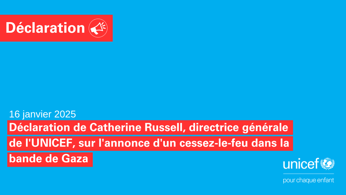 UNICEF France Médias (@unicef_media_fr) on Twitter photo 🇵🇸 🇮🇱 "Il est impératif que les parties respectent le #CessezLeFeu et permettent à l’aide d’entrer en quantités nécessaires à #Gaza. La guerre a déjà trop coûté aux enfants. Nous devons agir sans plus attendre." <a href="/unicefchief/">Catherine Russell</a>
➡️unicef.fr/article/declar… via <a href="/UNICEF_Media_Fr/">UNICEF France Médias</a> 🇵🇸 🇮🇱 "Il est impératif que les parties respectent le #CessezLeFeu et permettent à l’aide d’entrer en quantités nécessaires à #Gaza. La guerre a déjà trop coûté aux enfants. Nous devons agir sans plus attendre." <a href="/unicefchief/">Catherine Russell</a>
➡️unicef.fr/article/declar… via <a href="/UNICEF_Media_Fr/">UNICEF France Médias</a>