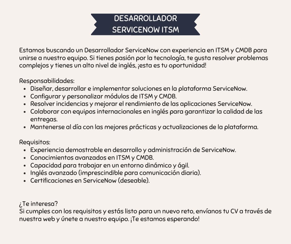 SerbyteIT's tweet photo. ¡Lleva tu carrera al siguiente nivel! ¡Te queremos en nuestro equipo!  #TrabajaConNosotros #ServiceNow #DesarrolloProfesional https://t.co/5PXOkWSLo3