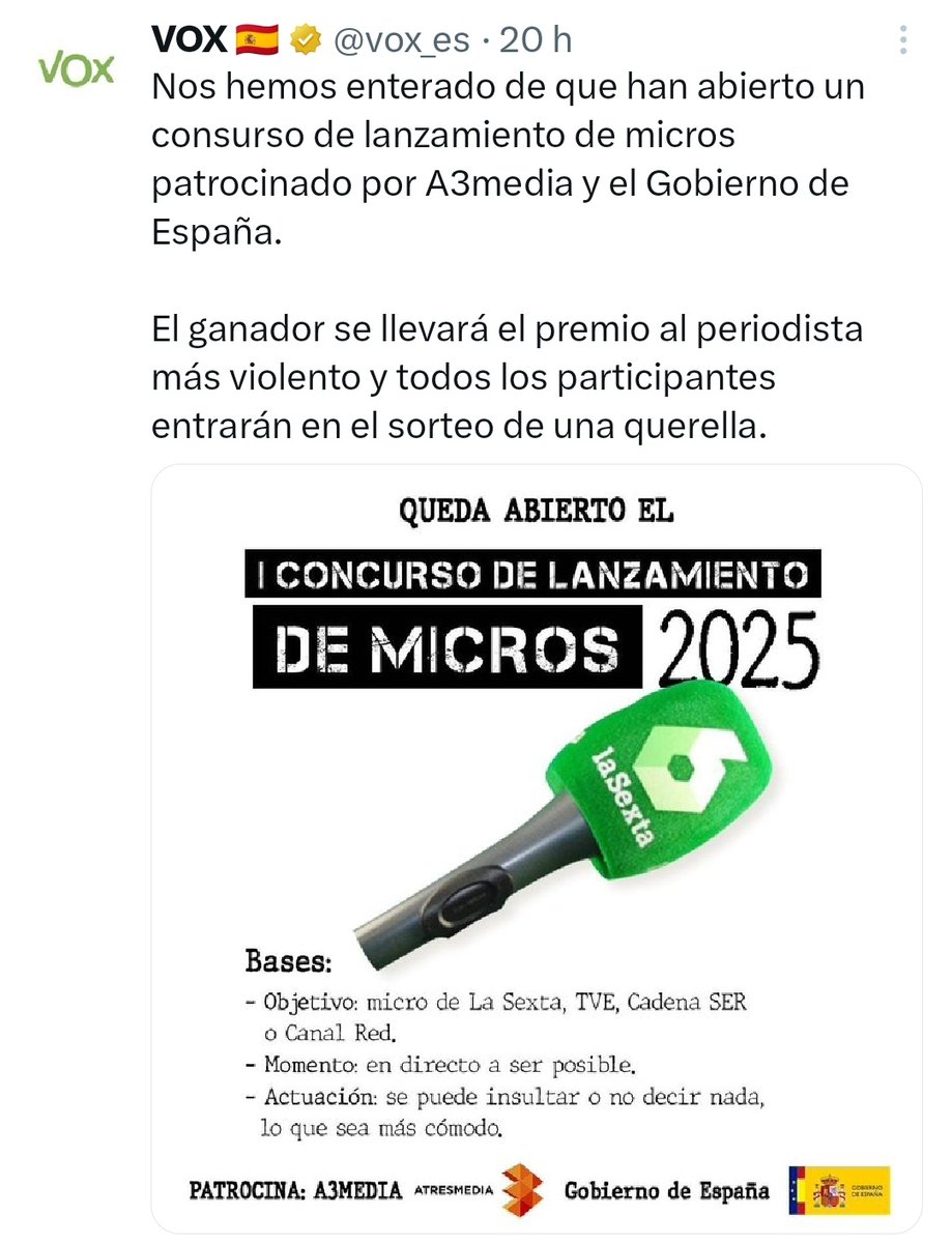 Cap mitjà hauria de cobrir els actes de Vox, a partir d'ara i en general. Ni declaracions ni canutazos ni campanyes. Zero, com si no existiren. Que no apareguen en televisió i ràdio absolutament mai. I que els col·legis professionals de periodistes facen ALGO al respecte.