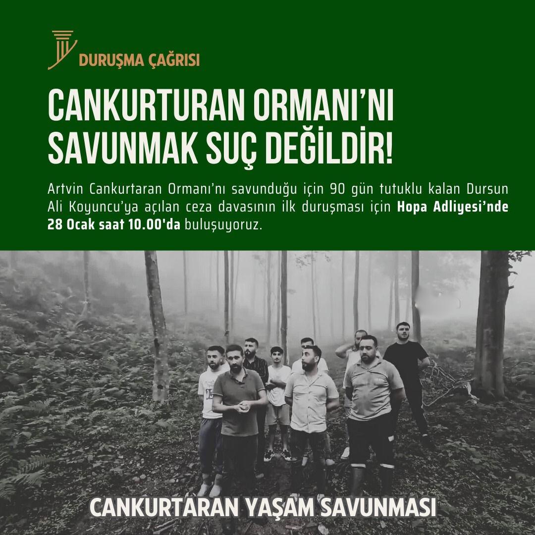 Reşit Kibar'ın katili yağmacı şirkete karşı mücadele ettiği için 90 gün boyunca tutuklu kalan Dursun Ali Koyuncu hakkındaki yargılamanın ilk duruşması 28 Ocak saat 10'da Hopa 1. Asliye Ceza Mahkemesi'nde görülecek. Tüm yaşam savunucularını Hopa Adliyesi'ne bekliyoruz.