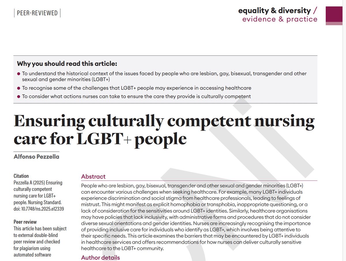 Alfonso Pezzella (@alfpezzella) on Twitter photo Just in time for the LGBT+ History Month starting in February!
Really glad to see my latest article being published today! <a href="/rcni/">RCNi: the life-long learning partner for nurses</a> @RCNi_Richard
🔗 journals.rcni.com/nursing-standa… Just in time for the LGBT+ History Month starting in February!
Really glad to see my latest article being published today! <a href="/rcni/">RCNi: the life-long learning partner for nurses</a> @RCNi_Richard
🔗 journals.rcni.com/nursing-standa…