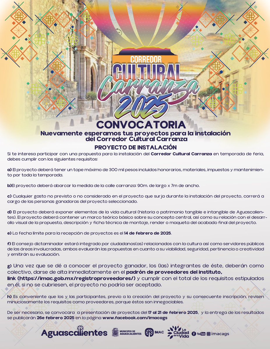¿Quieres participar en la instalación del Corredor Cultural Carranza en temporada de la #FNSM2025? 🥳

Tienes hasta el 🗓️ 14 e febrero para entregar tu proyecto en📍 Antonio Acevedo E. #131, zona centro).

¡Muestra tu creatividad y arte! 🎭 🎨

#CorredorCulturalCarranza