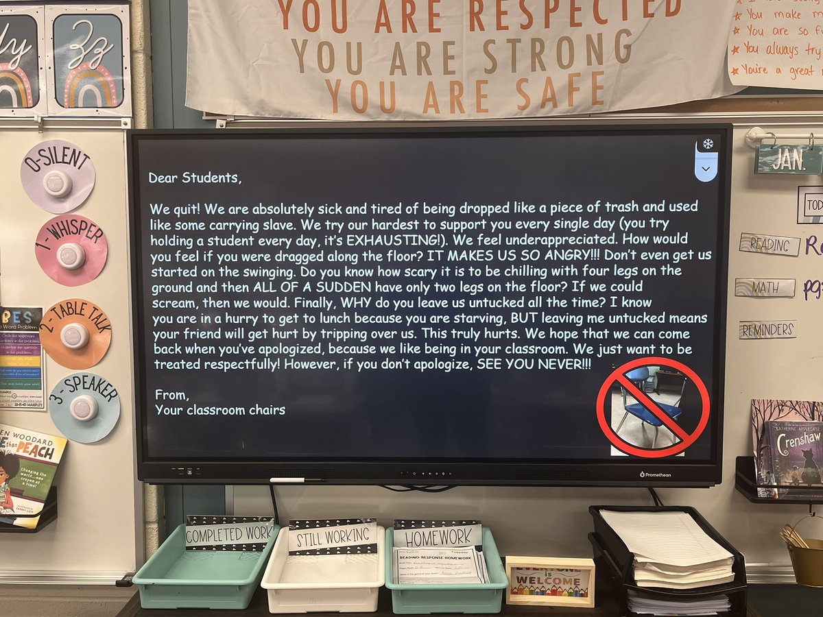 MrsOmilian's tweet photo. Today the chairs quit! Students used their knowledge of opinion writing to write a persuasive essay to convince their chairs to come back to work!📝 @PrincipalKWayne @1WarrenCoNJDOE https://t.co/sfWlRSzcOd