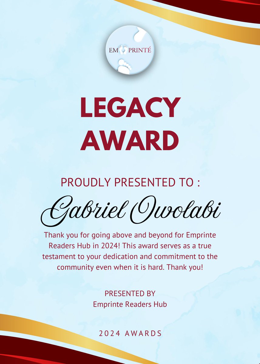 Gabi_OWL's tweet photo. I am truly humbled and grateful to the Emprinte Readers Community for honoring me with the Legacy Award! I am overwhelmed with joy and appreciation, knowing that my commitment to the growth of this amazing community has not gone unnoticed.

#EmprinteReadersCommunity #LegacyAward https://t.co/u6nlNheNWN