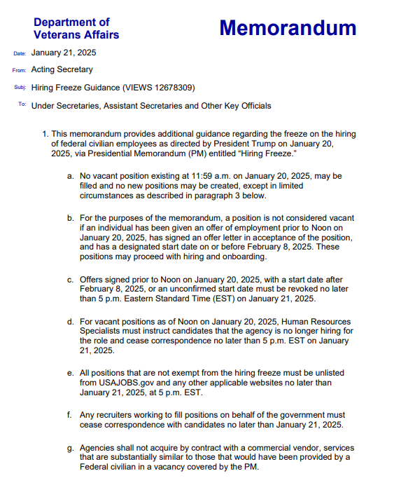 MacFarlaneNews's tweet image. Hiring freeze implemented at the US Department of Veterans Affairs (with limited exceptions)

The agency operates dozens of major hospitals, 100s of clinics and veterans benefits programs nationwide