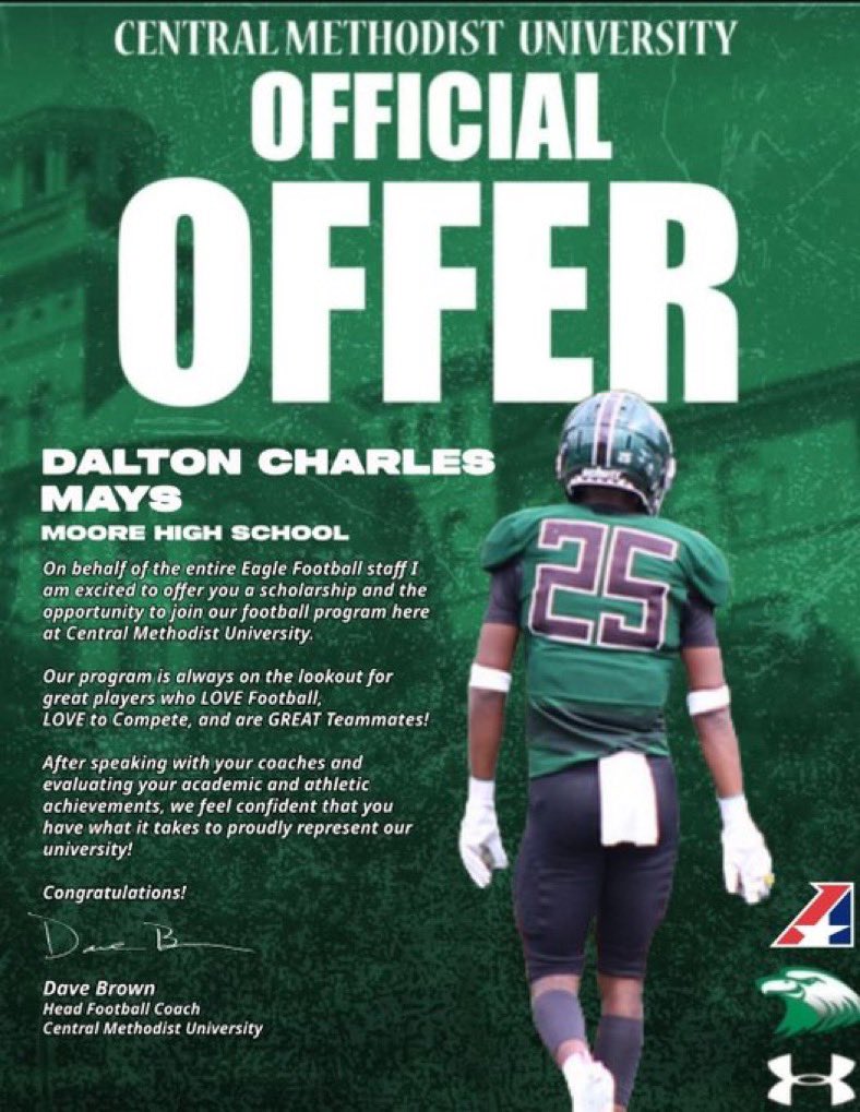 Dalton Charles Mays (@daltonmays4) on Twitter photo #AGTG I’m excited to announce that I have received my 2nd offer to play football at Central Methodist University. Thank you <a href="/EricGreer_31/">EricGreer_31</a> for the opportunity! #AGTG I’m excited to announce that I have received my 2nd offer to play football at Central Methodist University. Thank you <a href="/EricGreer_31/">EricGreer_31</a> for the opportunity!