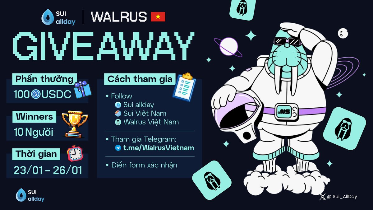 🎁 GIVEAWAY: Sui allday x Walrus Việt Nam

<a href="/Sui_allday/">Sui allday</a> kết hợp với <a href="/Walrus_VN/">Walrus Việt Nam 🇻🇳</a> dành tặng 100 USDC, chia đều cho 10 người thắng cuộc trong cộng đồng Sui. Để tham gia, bạn cần:

1️⃣ Theo dõi <a href="/Sui_allday/">Sui allday</a>, <a href="/SuiNetwork_VN/">Sui Việt Nam 🇻🇳</a> &amp; <a href="/Walrus_VN/">Walrus Việt Nam 🇻🇳</a>
2️⃣ Tham gia Telegram: