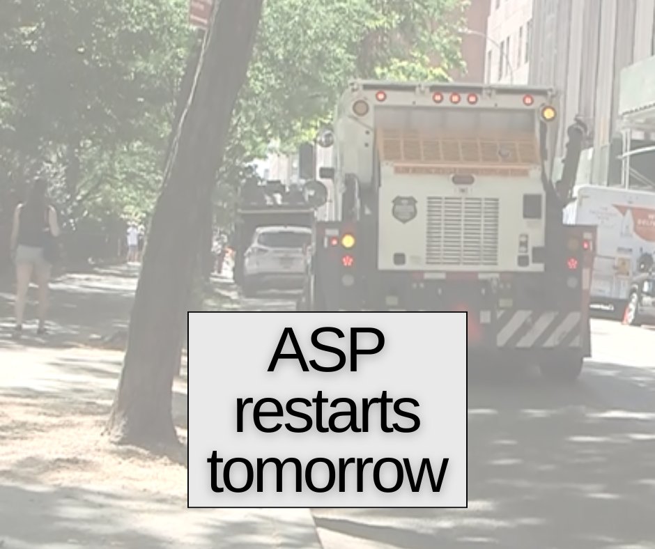 ASP rules will be back IN EFFECT starting Friday, Jan. 24.
 
Over the past few days, icy curbs made it hard to run our street sweepers - but they are clear now. That means it's time to move your car during posted Alternate Side Parking regulations.

More: on.nyc.gov/2NYD4BL