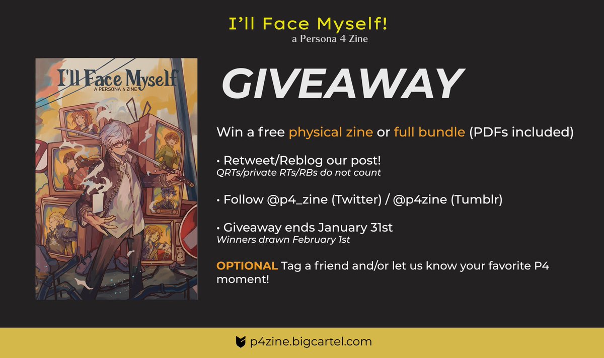 p4_zine's tweet photo. ZINE GIVEAWAY 🌩️

For those that missed A-grade zines and full bundles, we're hosting a giveaway!

For a chance to win:
- RT this post!
- Follow us!
- OPTIONAL: Tag a friend or let us know your favorite Persona 4 moment!

Deadline is on January 31st. Good luck! 💛✨ https://t.co/T0F9f4QfQA