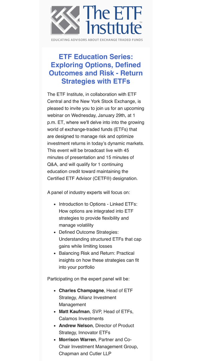 The ETF Institute® (@etf_institute) on Twitter photo Please join us next Wednesday for an options - linked ETFs #webinar.
Expert panel includes: <a href="/Allianz/">Allianz</a> Investment Management's Charles Champagne, <a href="/Calamos/">Calamos Investments</a>' Matt Kaufman, <a href="/InnovatorETFs/">Innovator ETFs®</a>' Andrew Nelson, and <a href="/ChapmanCutler/">Chapman and Cutler LLP</a>'s Morrison Warren.
Register here: nyse.com/events/webinar… Please join us next Wednesday for an options - linked ETFs #webinar.
Expert panel includes: <a href="/Allianz/">Allianz</a> Investment Management's Charles Champagne, <a href="/Calamos/">Calamos Investments</a>' Matt Kaufman, <a href="/InnovatorETFs/">Innovator ETFs®</a>' Andrew Nelson, and <a href="/ChapmanCutler/">Chapman and Cutler LLP</a>'s Morrison Warren.
Register here: nyse.com/events/webinar…
