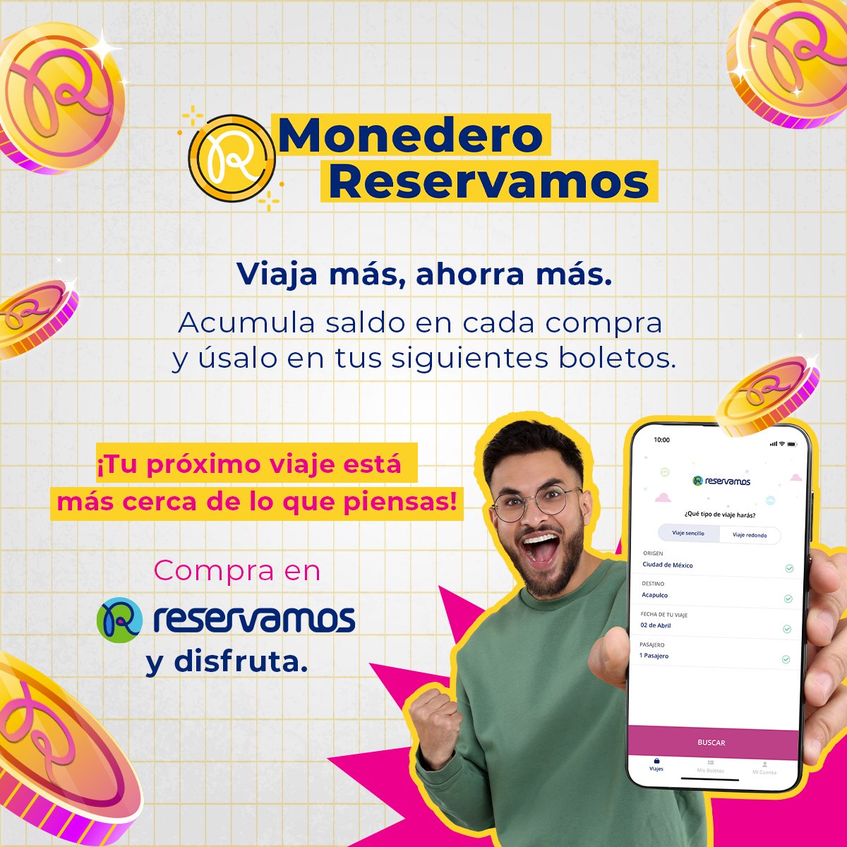 ¡Haz que cada viaje cuente con el Monedero Reservamos! Por cada compra, acumula saldo que puedes usar en tus próximos boletos. Disfruta de descuentos y beneficios exclusivos al viajar con tus líneas favoritas. Descubre más aquí 👉 contenido.reservamos.mx/monedero-s8y/